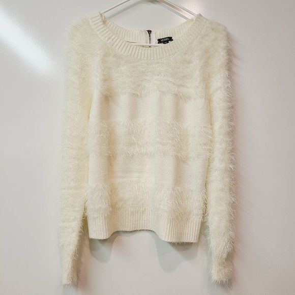 XOXO Sweaters - XOXO Sweater Lace Back Cream Fuzzy Soft Striped Womens Small